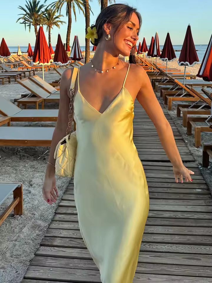 Sienna Satin V-Neck Backless Maxi Dress