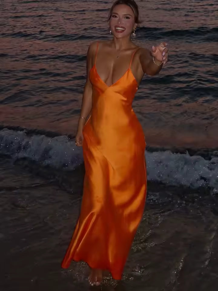 Sienna Satin V-Neck Backless Maxi Dress