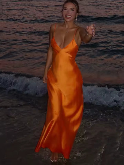 Sienna Satin V-Neck Backless Maxi Dress